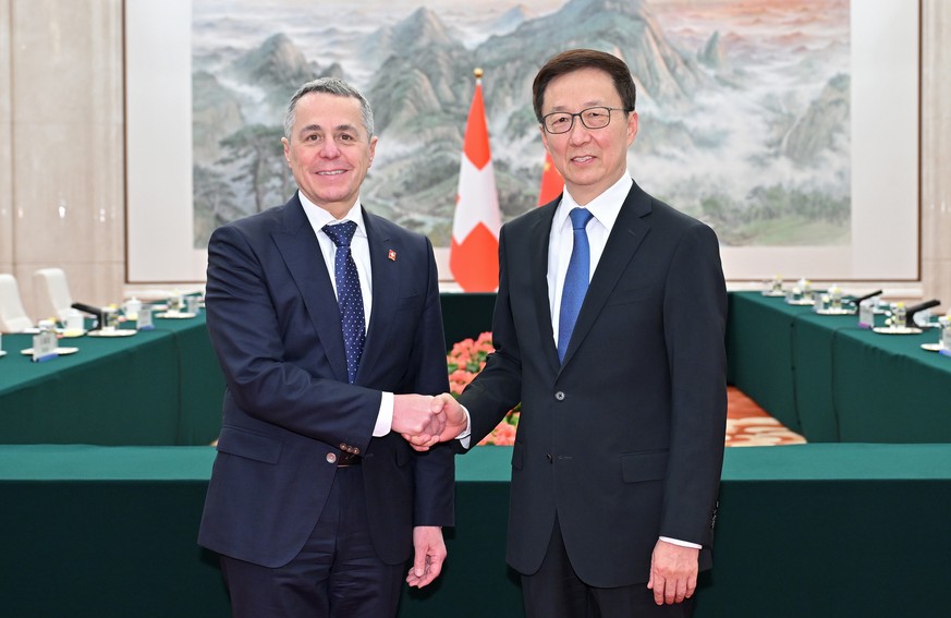 epa11131873 Chinese Vice President Han Zheng meets with Swiss Federal Councillor and Foreign Minister Ignazio Cassis in Beijing, China, 06 February 2024. EPA/XINHUA / YUE YUEWEI CHINA OUT / UK AND IRE ...