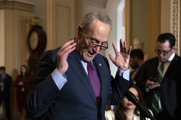 Minority Leader Chuck Schumer, D-N.Y., speaks to reporters about the political battle for confirmation of President Donald Trump&#039;s Supreme Court nominee, Brett Kavanaugh, following a closed-door  ...