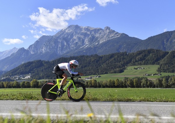 Switzerland&#039;s Marlen Reusser competes in the women&#039;s individual time trial at the Road Cycling World Championships in Innsbruck, Austria, Tuesday, Sept. 25, 2018. (AP Photo/Kerstin Joensson)