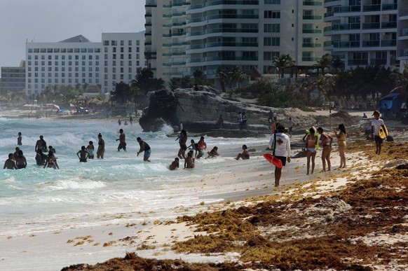 Tourists enjoy the beach despite the sargassum algae invasion, in the resort of Cancun, Quintana Roo state, Mexico, 05 May 2021 Issued 06 May 2021. The Caribbean Sea will suffer from an increase in sa ...