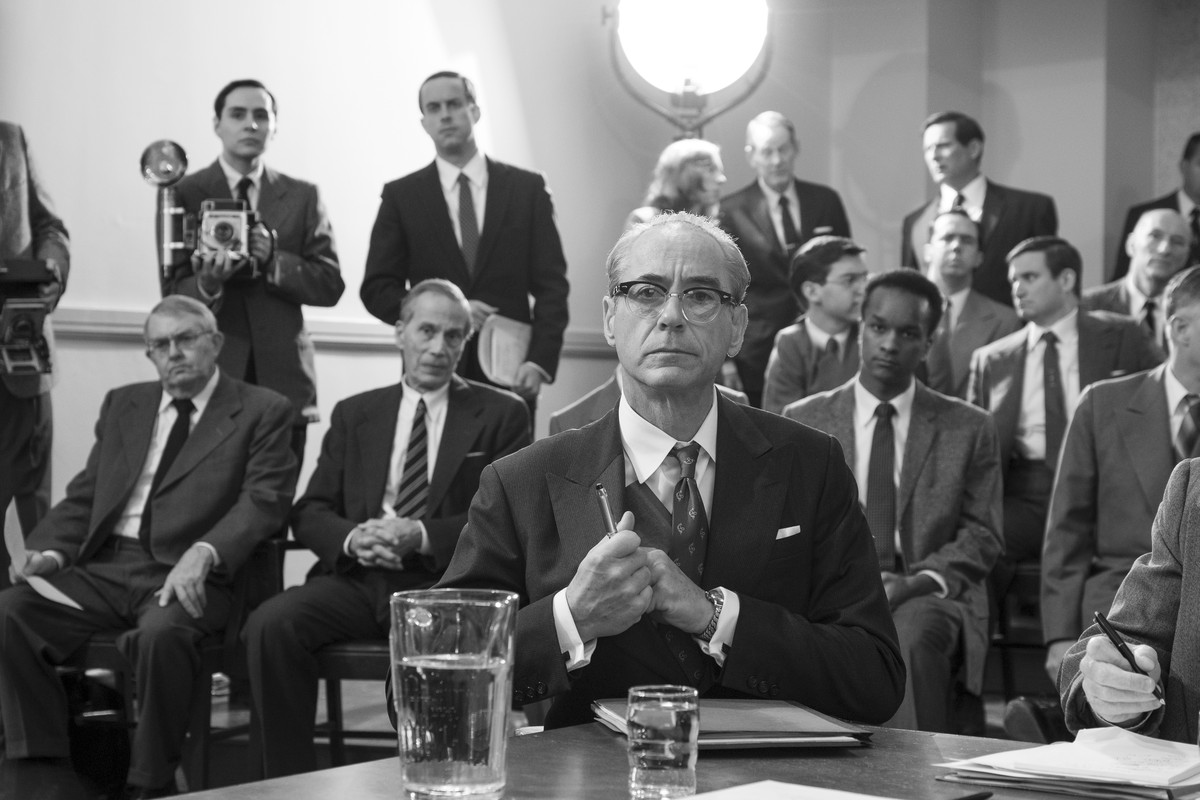 This image released by Universal Pictures shows Robert Downey Jr as Lewis Strauss in a scene from "Oppenheimer." (Melinda Sue Gordon/Universal Pictures via AP)