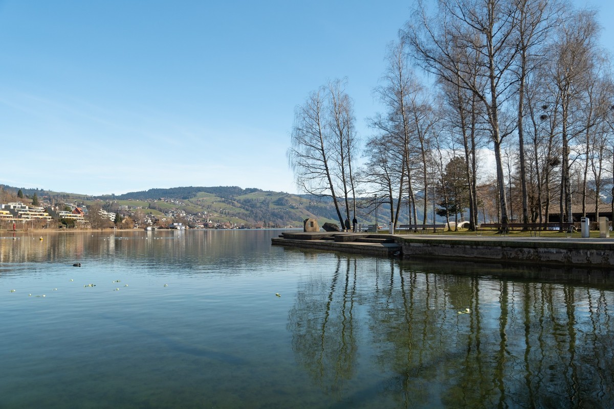 Unteraegeri, Switzerland, February 20, 2023 Idyllic landscape at the waterfront of the lake Aegerisee on a sunny day xkwx unteraegeri, switzerland, lake, aegerisee, view, sight, scenery, waterfront, p ...