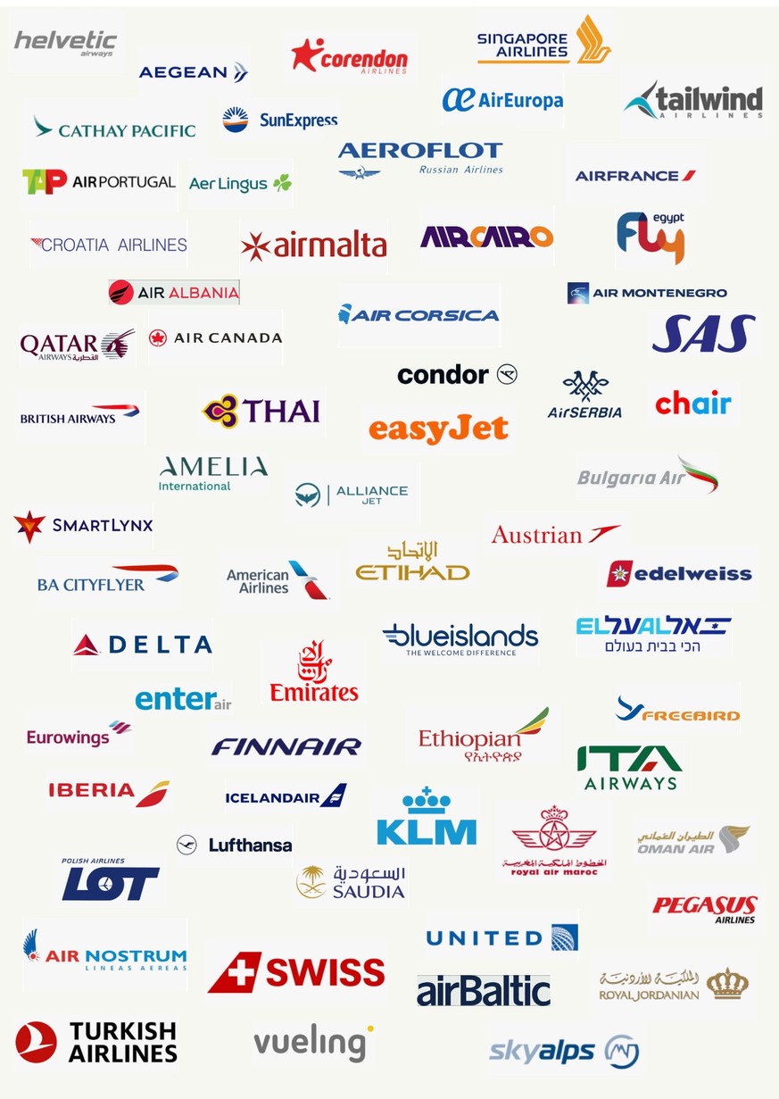 Airline-Logos Flughafen Zürich. Alle Airlines, die 2022 am Flughafen Zürich starteten und landeten.