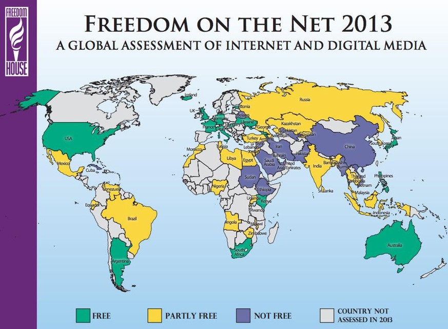 Grün = Meinungsfreiheit, gelb = eingeschränkte Meinungsfreiheit, blau = Internetzensur.