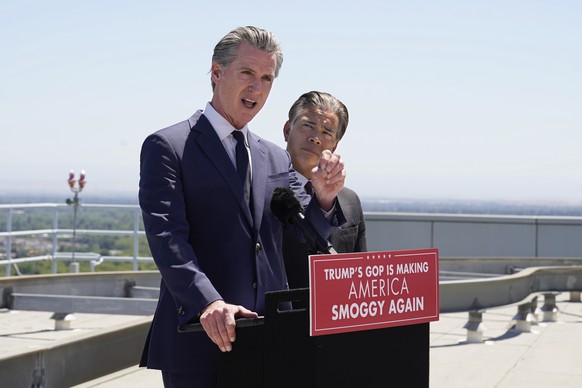 Calif. Gov. Gavin Newsom discusses the U.S. Senate vote against California Emissions rules which include the ban on the sale of new gas powered cars by 2035 during a news conference in Sacramento, Cal ...