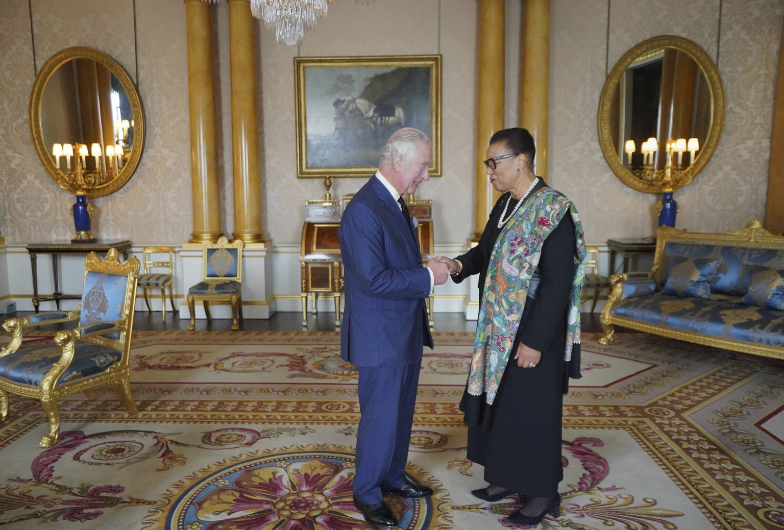 King Charles III during an audience with the Commonwealth Secretary General Baroness Patricia Scotland at Buckingham Palace, London, Sunday, Sept. 11, 2022. (Victoria Jones/Pool Photo via AP)