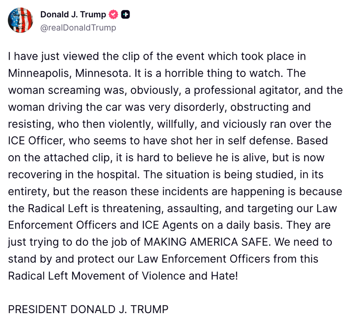 Donald Trump kommentiert auf seiner Social-Media-Plattform «Truth Social» den tödlichen Vorfall von Minneapolis am 7. Januar 2026, bei welchem ein ICE-Agent die US-Bürgerin Renee Nicole Good erschosse ...