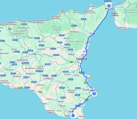 Von Messina (A) geht es via Siracusa (B) nach Pozzallo (C) und von dort auf die Fähre nach Malta.