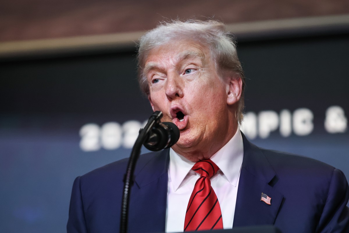 epa12285201 U.S. President Donald Trump takes questions after signing an executive order establishing a task force to oversee the Los Angeles 2028 Olympic Games in the South Court Auditorium of the Wh ...