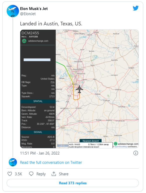 Jeder Flug von Elon Musks Privatjet wird automatisch auf Twitter veröffentlicht.