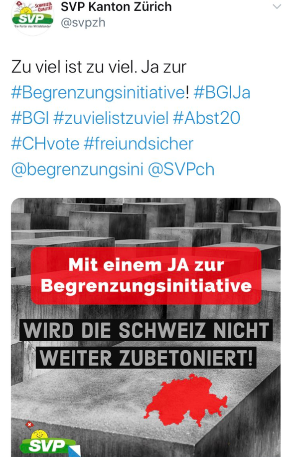 Mit diesem Sujet machte die SVP Werbung für die Begrenzungsinitiative. Mittlerweile wurde der Tweet gelöscht.