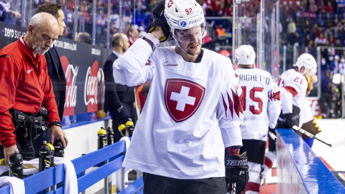 epa07595035 Switzerland's Gaetan Haas reacts after losing the IIHF World Championship quarter final ice hockey match between Canada and Switzerland at the Steel Arena in Kosice, Slovakia, 23 May  ...