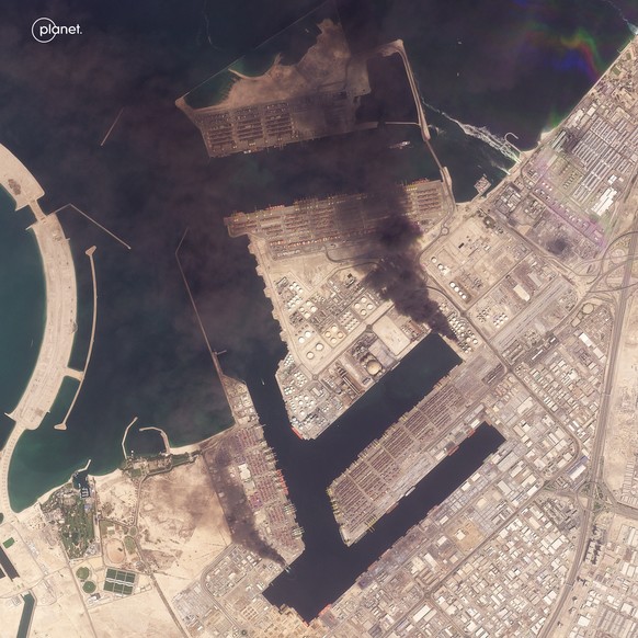 This image provided by Planet Labs PBC shows the Jebel Ali Port in Dubai, United Arab Emirates, on Sunday, March 1, 2026. (Planet Labs PBC via AP)
UAE Israel US Iran