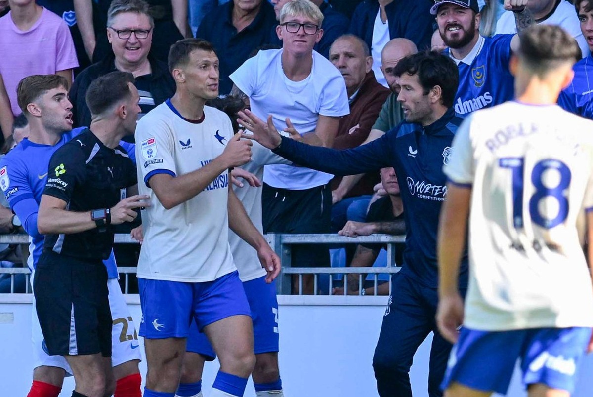 Portsmouth v Cardiff City, EFL Sky Bet Championship An altercation between fans and Krystian Bielik 5 of Cardiff City during the EFL Sky Bet Championship match between Portsmouth and Cardiff City at F ...