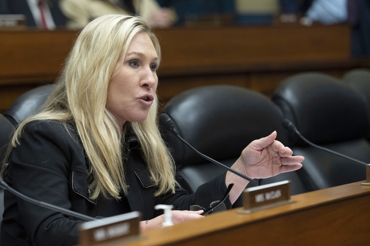 Rep. Marjorie Taylor Greene, R-Georgia, questions witnesses during the House Oversight and Accountability Committee's hearing about Congressional oversight of Washington, D.C., on Capitol Hill, W ...
