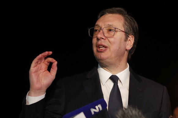 Serbia&#039;s President Aleksandar Vucic speaks to the media after a high-level meeting with Kosovo&#039;s Prime Minister Albin Kurti, convened by EU High Representative for Foreign Affairs and Securi ...