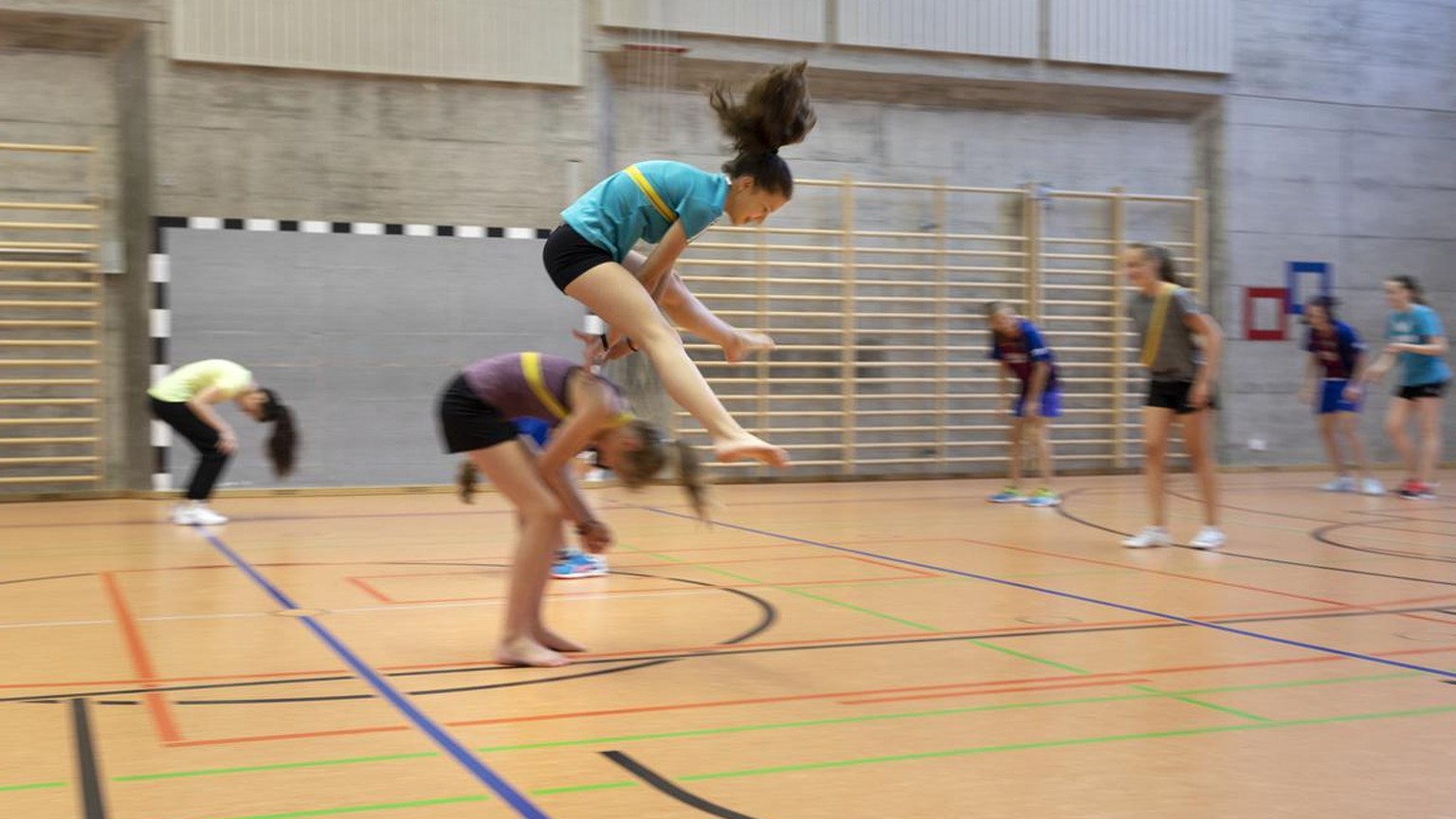 Class 2A pictured during a physical education lesson with teacher Mirka Jacober (not in the picture) at the gymnasium of the Cantonal School Glarus, Switzerland, on May 8, 2018. The Cantonal School Gl ...