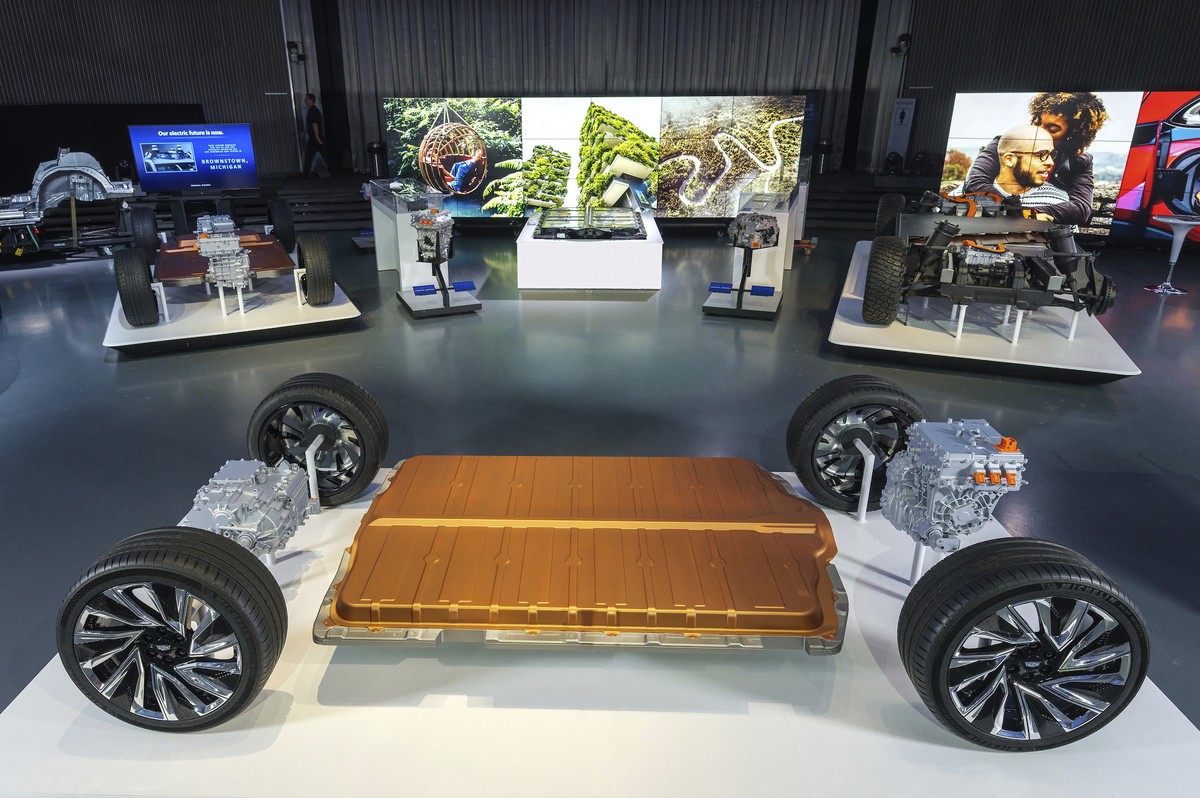 This photo provided by General Motors shows GM's all-new modular platform and battery system, Ultium, at the Design Dome on the GM Tech Center campus in Warren, Mich., on Wednesday, March 4, 2020 ...