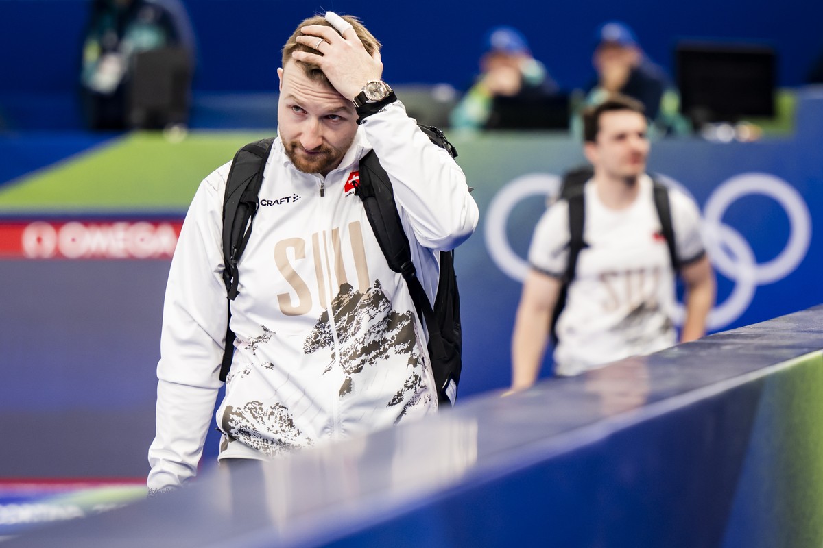 Yannick Schwaller of Switzerland reacts during the curling men's semi-final game between Great Britain and Switzerland at the 2026 Olympic Winter Games in the Cortina Curling Olympic Stadium in C ...