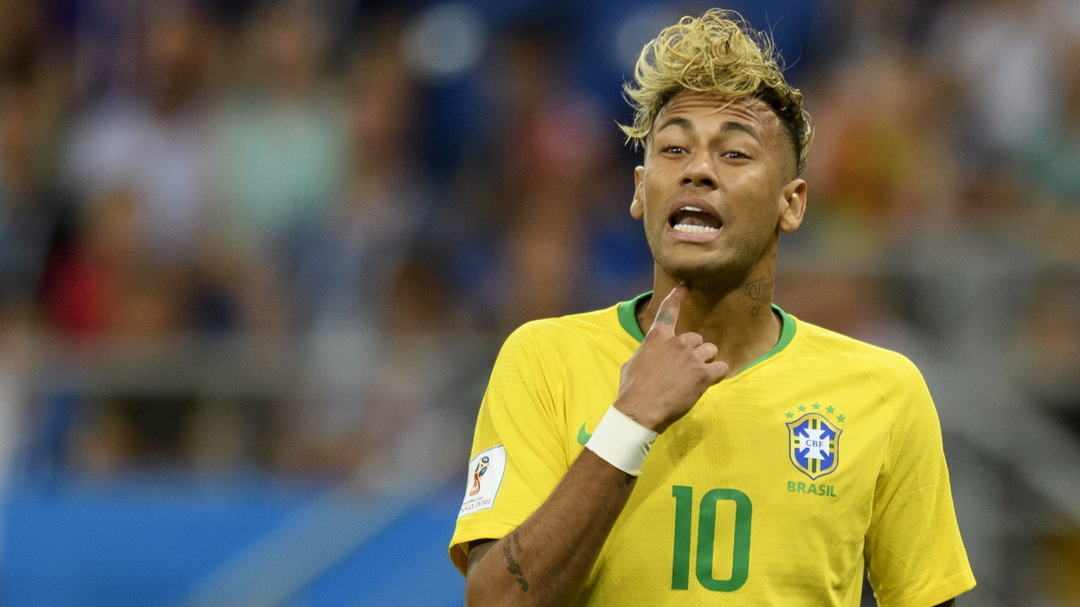 Brazil&#039;s forward Neymar reacts during the FIFA soccer World Cup 2018 group E match between Switzerland and Brazil at the Rostov Arena, in Rostov-on-Don, Russia, Sunday, June 17, 2018. (KEYSTONE/L ...