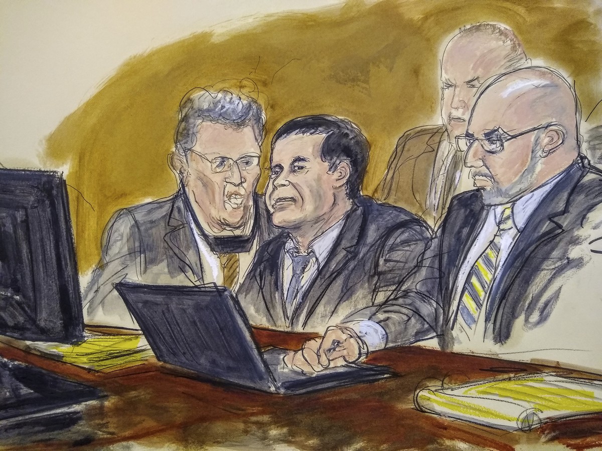 In this courtroom drawing, Joaquin El Chapo Guzman, center, listens to judge's answer to jury's question on Wednesday, Feb. 6, 2019, in New York. A jury at the U.S. trial of the infamous Mex ...