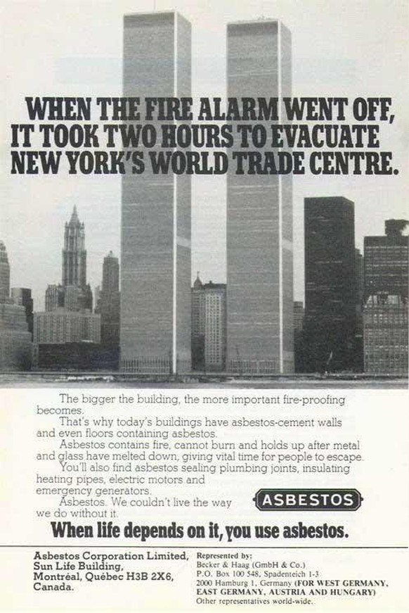 Wenn wir schon beim Asbest sind: Beim Kollaps der «Twin Towers» 2001 wurden grosse Mengen des schädlichen Brandschutzes freigesetzt und aufgewirbelt – noch heute tragen Anwesende die gesundheitlichen ...