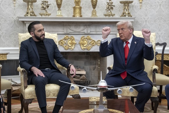 epa12032027 US President Donald Trump (R) meets with El Salvador President Nayib Bukele (L) in the Oval Office at the White House in Washington, DC, USA, 14 April 2025. President Bukele meets with Pre ...