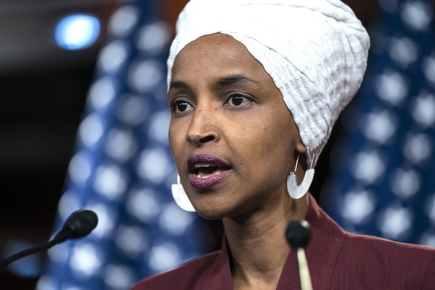 epa07774941 (FILE) - Democratic Representative Ilhan Omar speaks about President Trump&#039;s Twitter attacks against her and fellow lawmakers Rashida Tlaib, Ayanna Pressley, and Alexandria Ocasio-Cor ...