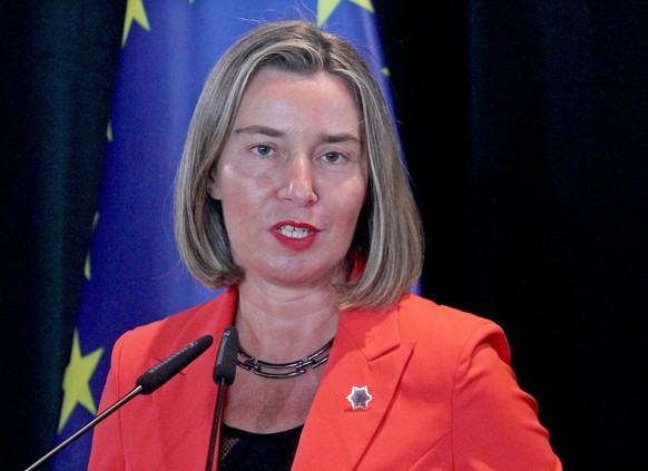 epa06676762 European Union foreign policy chief Federica Mogherini speaks during a press conference with Albanian Prime Minister Edi Rama (not pictured) in Tirana, Albania, 18 April 2018. 2018. Mogher ...