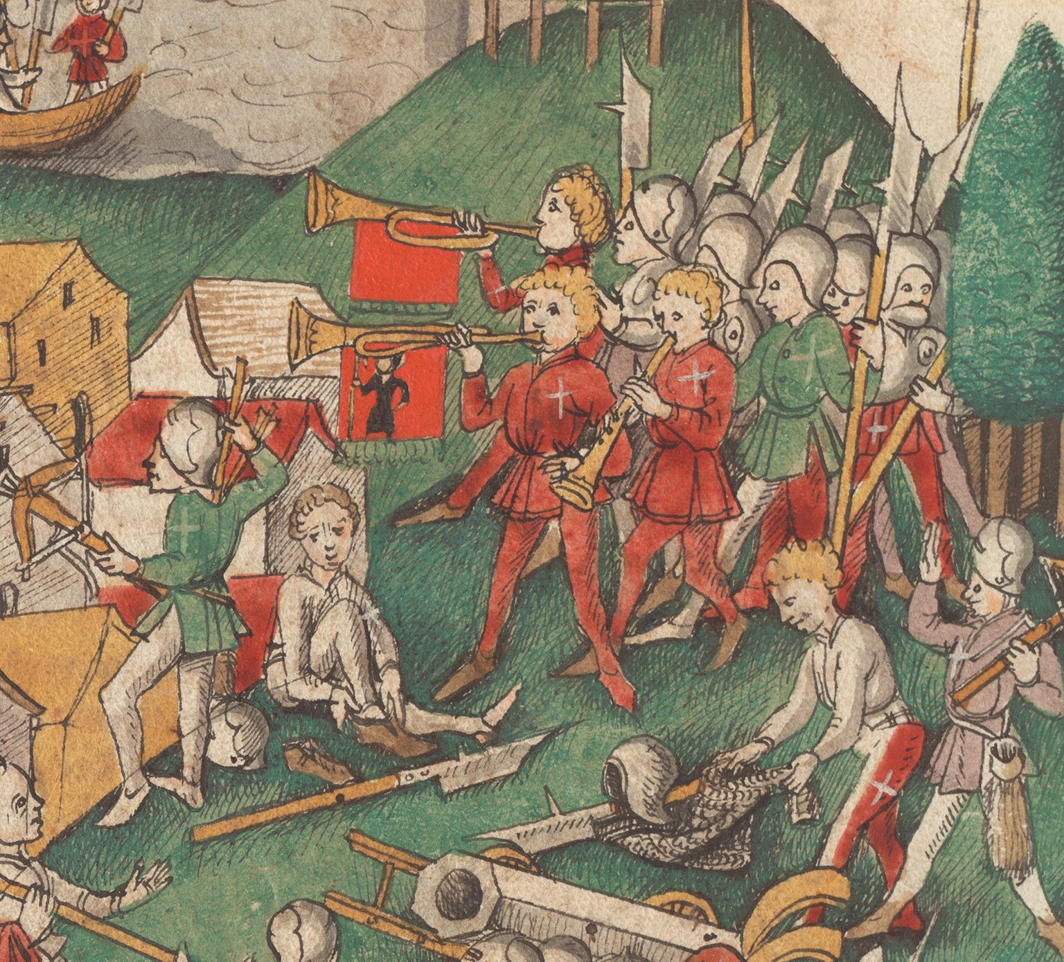 Trompeter blasen zu den Waffen, 1440.
https://www.e-manuscripta.ch/zuz/content/zoom/2402951