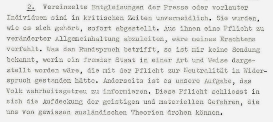 Auszug eines Briefes des SRG-Generaldirektors und vorgängigen NZZ-Redaktors Alfred W. Glogg an die Studiodirektionen der SRG, vom 3. Mai 1940.