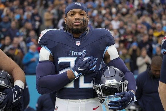 FILE -Tennessee Titans running back Derrick Henry stands for the national anthem before an NFL football game against the Jacksonville Jaguars, Sunday, Jan. 7, 2024, in Nashville, Tenn. Derrick Henry i ...