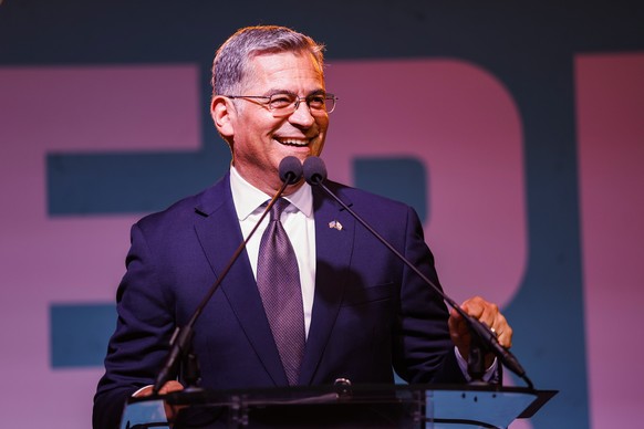 epa13012484 California governor candidate Xavier Becerra speaks to the crowd during his election party at La Plaza de Cultura y Artes in Los Angeles, California, USA, 02 June 2026. Voters across the c ...