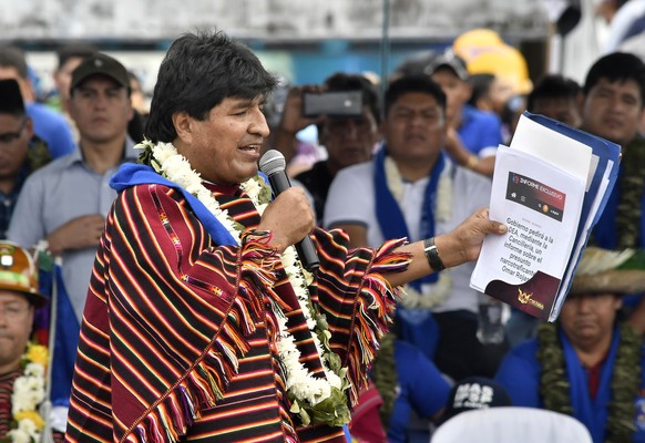 epa10544737 Former president and leader of the Movement to Socialism (MAS) party Evo Morales speaks during an event for the 28th anniversary of MAS, in Ivirgarzama, Bolivia, 26 March 2023. Morales ins ...