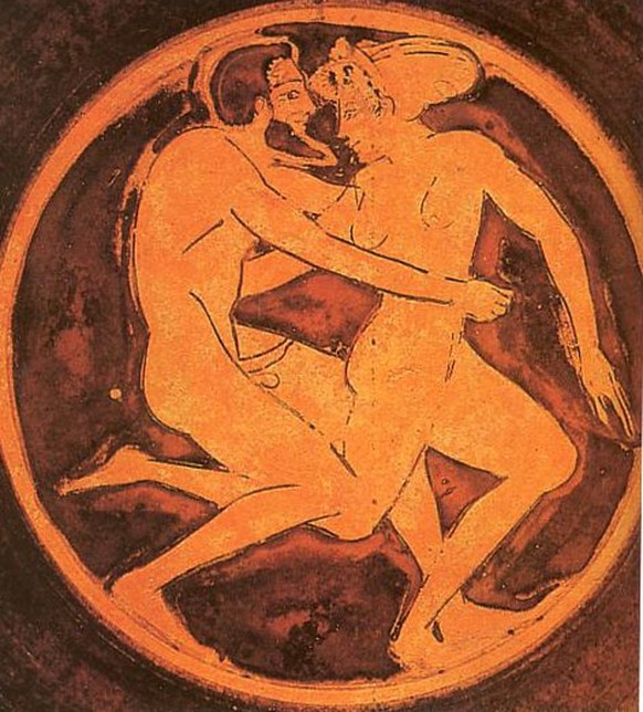 Courtesan and her client. Tondo of a red-figure cup, ca. 510-500 BC.
https://commons.wikimedia.org/wiki/Category:Hetaeras_in_ancient_Greek_pottery#/media/File:Man_and_hetaira_on_red-figre_kylix_tondo. ...