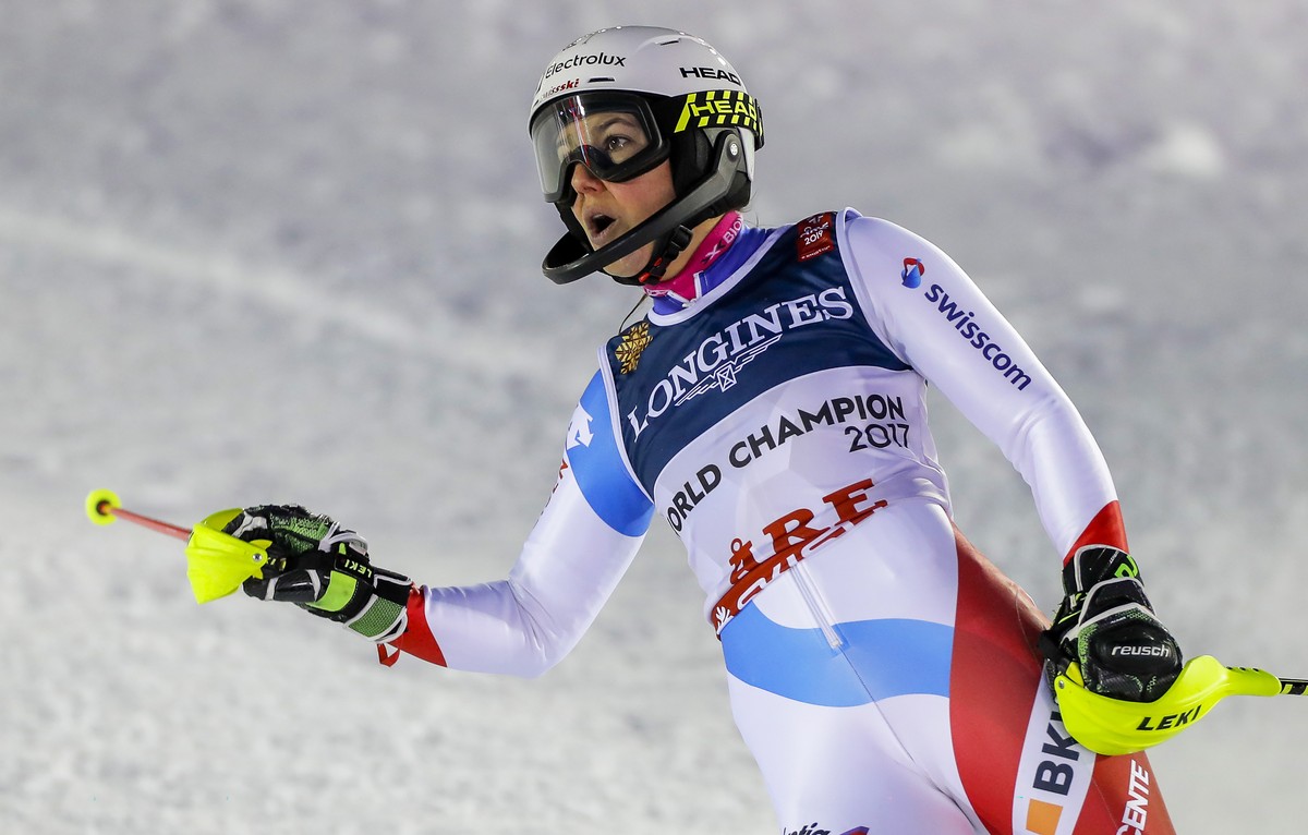 epa07352970 Wendy Holdener of Switzerland reacts in the finish area during the Slalom run of the women's Alpine Combined race at the FIS Alpine Skiing World Championships in Are, Sweden, 08 Febru ...