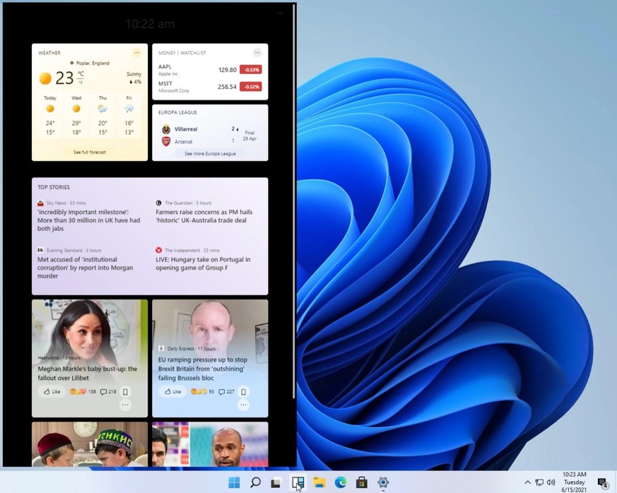 Eine frühe Version der Widgets in Windows 11 (diese können in der finalen Version anders aussehen).