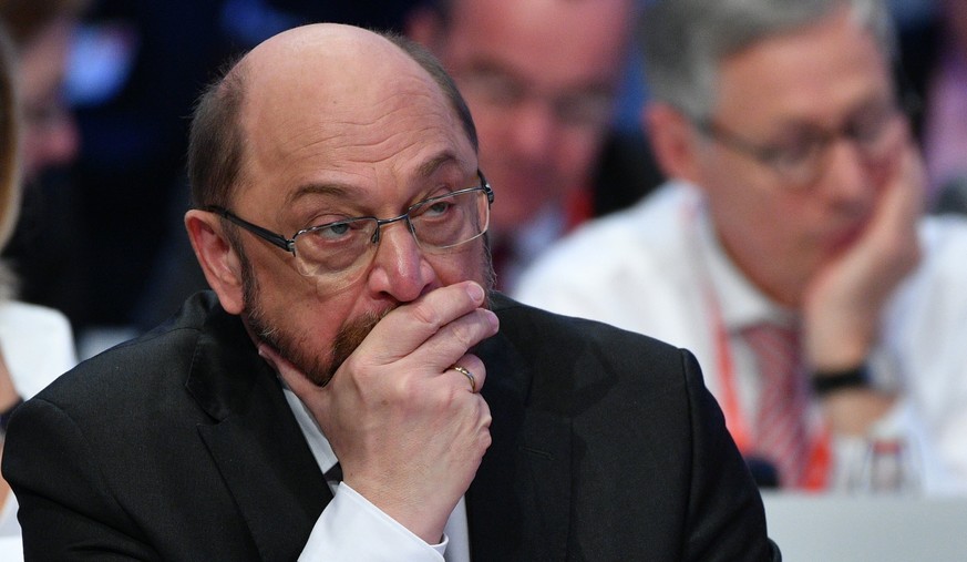epa06461068 Martin Schulz, leader of the Social Democratic Party (SPD), sits at his seat on the podium after delivering speech at the extraordinary federal party convention of the German Social Democr ...