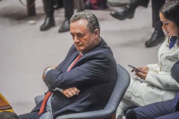 FILE - Israel&#039;s Foreign Affairs Minister Israel Katz listens during a meeting of the United Nations Security Council on the war in Gaza, March 11, 2024, at U.N. headquarters. (AP Photo/Bebeto Mat ...