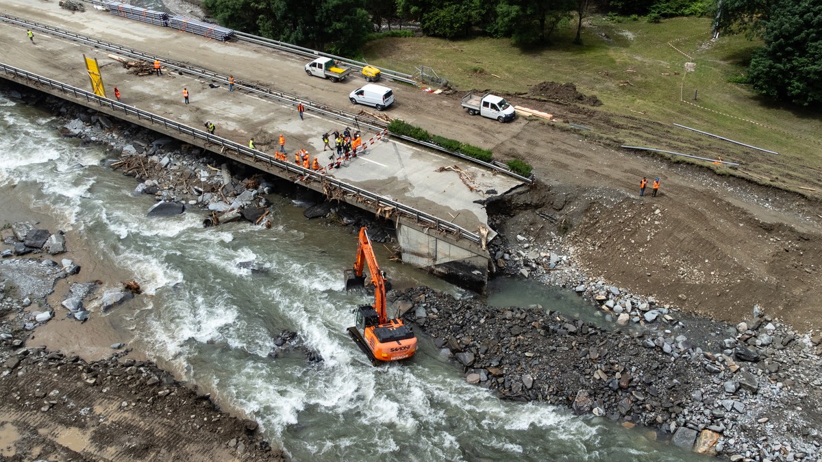 epa11438895 An aerial view of the A13 construction site after the storm in Lostallo, southern Switzerland, 26 June 2024. Massive thunderstorms and rainfall led to a flooding situation with large-scale ...