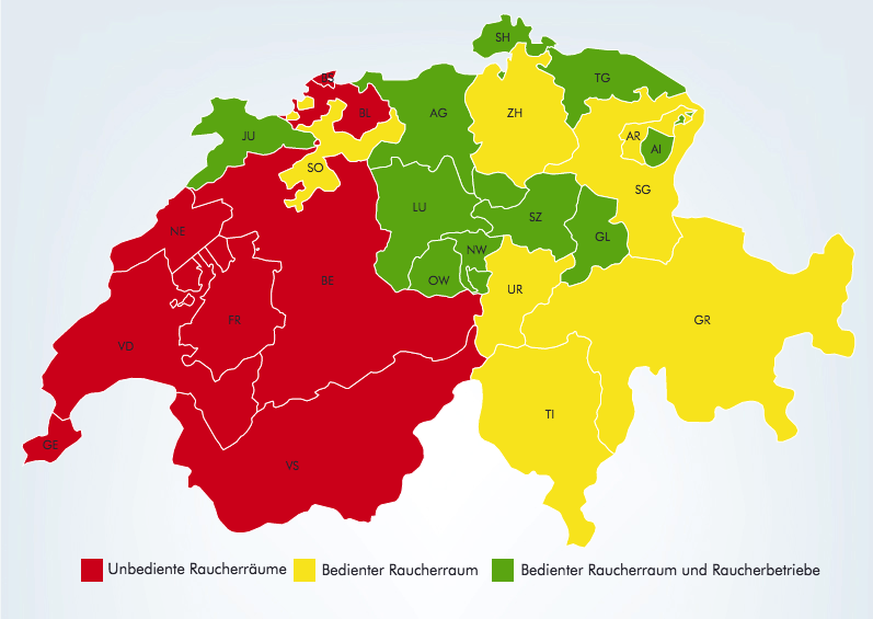 Wie restriktiv das Rauchverbot in öffentlichen Räumen umgesetzt wird, liegt in der Entscheidungsmacht der Kantone.&nbsp;