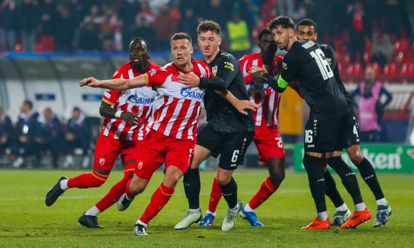 RECORD DATE NOT STATED 27.11.2024 BelgradeSerbia FK Crvena ZvezdaRed Star-VfB Stuttgart Champions League men s football Cherif NdiayeL,Uros Spajic2L Crvena ZvezdaRed Star,Angelo Stiller3L,Atakan Karaz ...