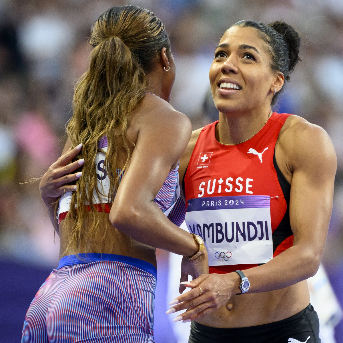 Mujinga Kambundji of Switzerland reacts the women's 200m semi final at the 2024 Paris Summer Olympics in Paris, France, Monday, August 5, 2024. (KEYSTONE/Laurent Gillieron)
