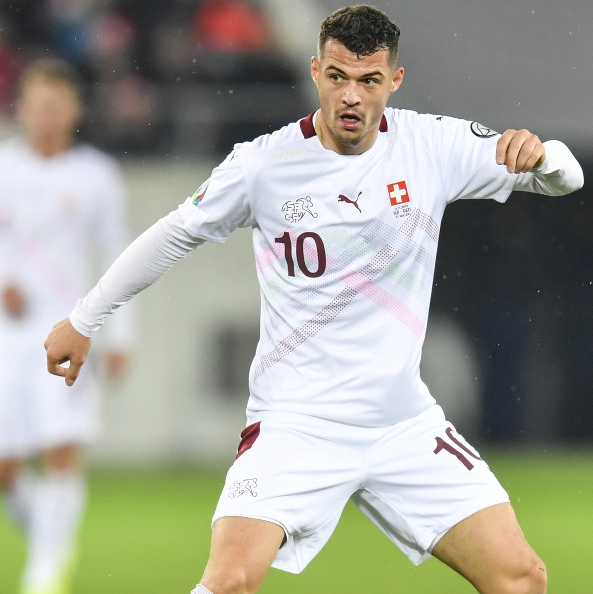 Switzerland's midfielder Granit Xhaka in action during the UEFA Euro 2020 qualifying Group D soccer match between Switzerland and Georgia at the Kybunpark stadium in St. Gallen, Switzerland, Frid ...