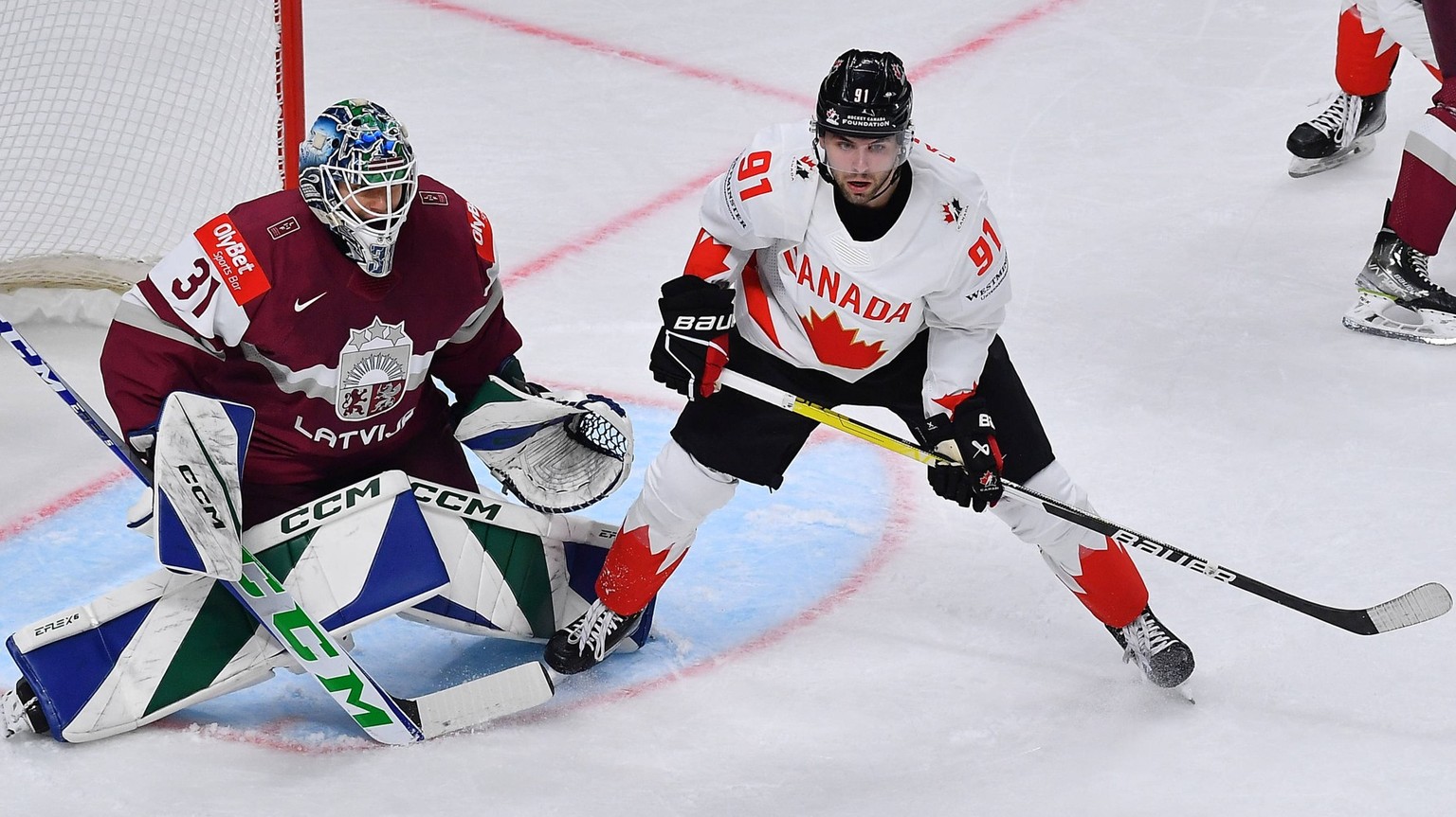 LATVIA, RIGA - 12.05.23: FANTILLI Adam, SILOVS Arturs. Game Latvia - Canada. IIHF 2023 Ice hockey, Eishockey World Championship, WM, Weltmeisterschaft PUBLICATIONxNOTxINxRUS Copyright: xVITALIIxKLIUIE ...