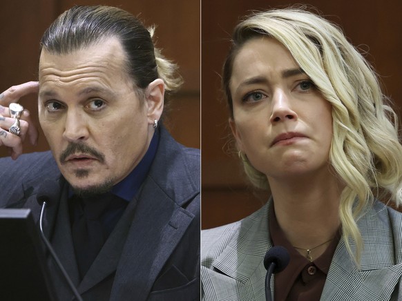 This combination of photos shows actor Johnny Depp testifying at the Fairfax County Circuit Court in Fairfax, Va., on April 21, 2022, left, and actor Amber Heard testifying in the same courtroom on Ma ...