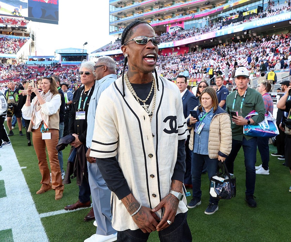 SANTA CLARA, CALIFORNIA - FEBRUARY 08: Travis Scott attends the Super Bowl LX Pregame at Levi's Stadium on February 08, 2026 in Santa Clara, California. (Photo by Kevin Mazur/Getty Images for Roc ...