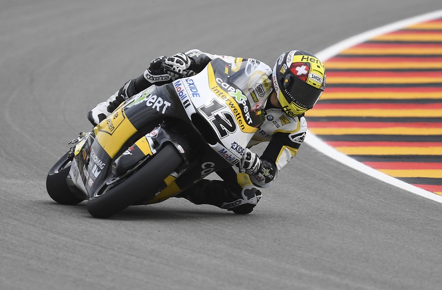 Swiss Moto2 driver Thomas Luethi , front of Team CarXpert Interwetten competes during an open practice at Sachsenring circuit in Hohenstein-Ernstthal, Germany, Friday, June 30, 2017 ahead of the Germa ...
