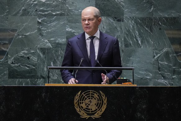 German Chancellor Olaf Scholz addresses the 78th session of the United Nations General Assembly, Tuesday, Sept. 19, 2023, at U.N. headquarters. (AP Photo/Frank Franklin II)