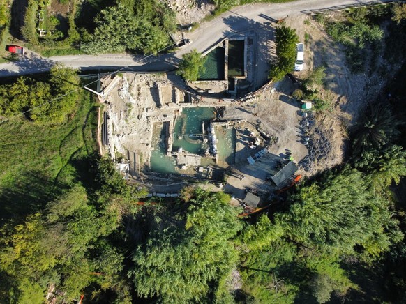 epa10294004 An undated handout photo taken with a drone and made available by the Italian Ministry of Culture press office shows the site of the discovery of twenty-four bronze statues of the Roman Et ...